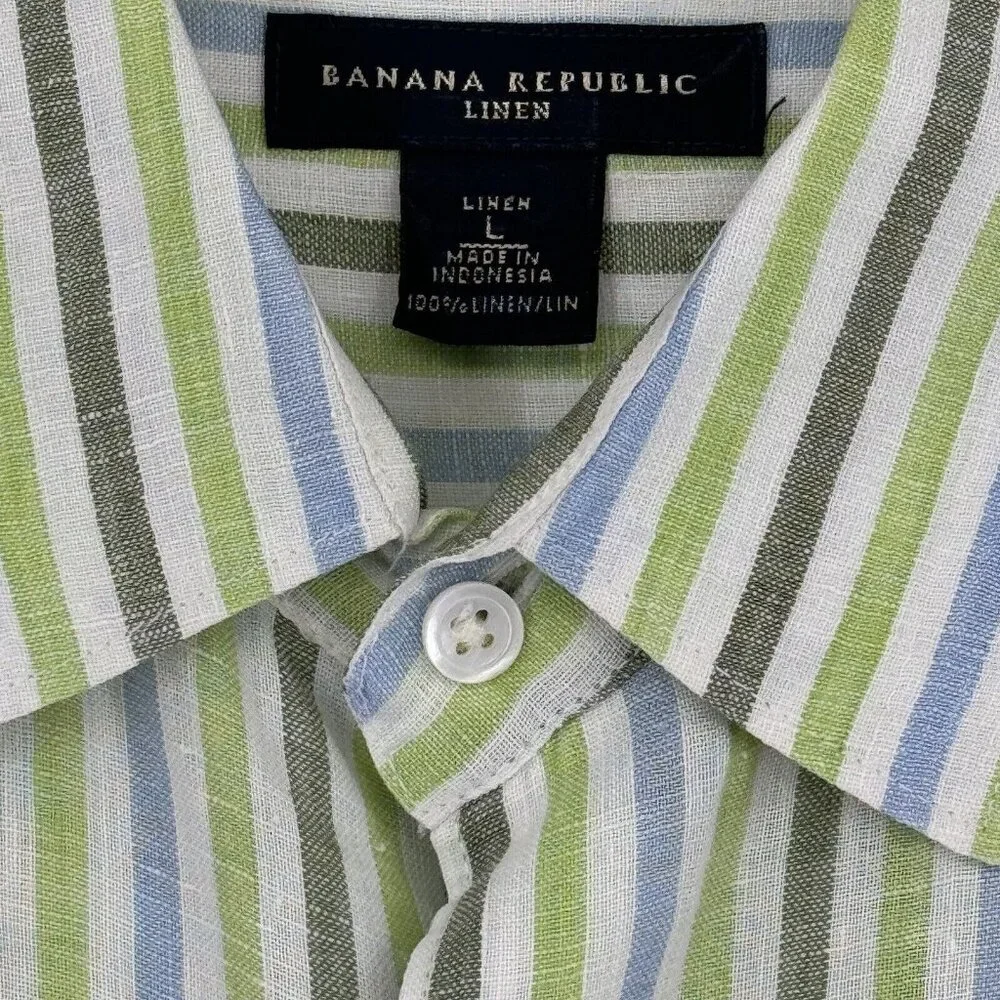 Banana Republic Linen Men's Striped Button Down Shirt Green Blue Size Large